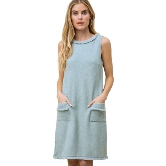 NWT Mystree Fringe Collar Pocket Sleeveless Shift Dress Small - Picture 1 of 6